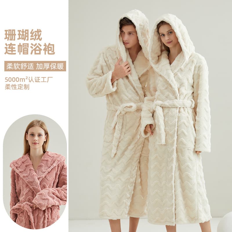 Cross-border Hooded Jacquard Coral Fleece Robe, Winter Thick Double-sided Fleece Couples Bathrobe, Long Winter Robe Custom