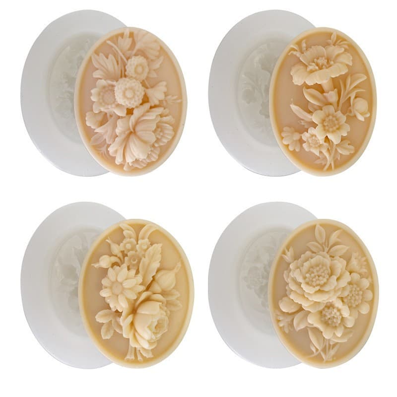 Embossed Flower Silicone Soap Mold, Floral Aromatherapy Candle Diffuser Plaster Mold DIY Oval Handmade Soap Mold