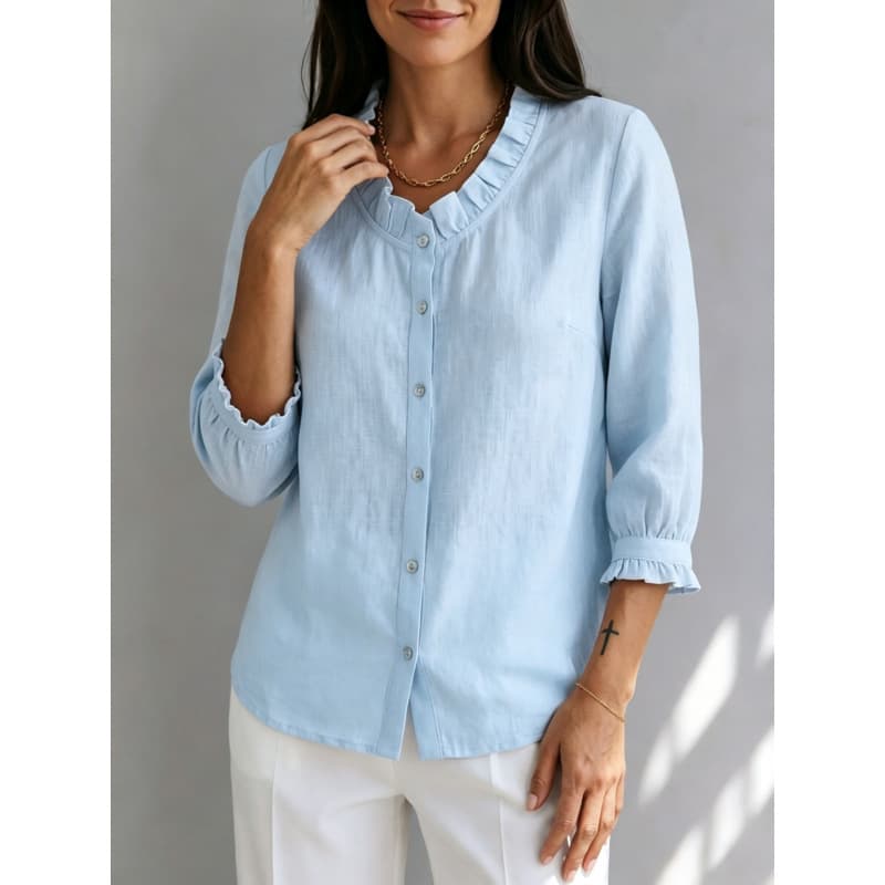 2026 European and American Cross-Border Spring/Summer Amazon New Arrival Single-Breasted Ruffle Collar Loose Three-Quarter Sleeve Women's Blouse