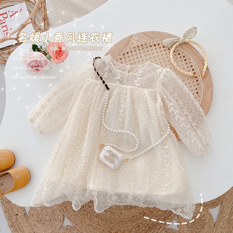 Girls' Autumn Princess Dress, 0-5 Years Old, Korean Style, Mesh Lace Long-Sleeved Dress, CQ107