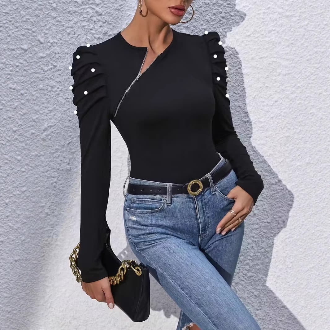 European and American Cross-Border Women's Autumn Elegant Pearl-Decorated Beaded Puff Sleeve Asymmetric Diagonal Zipper T-Shirt Round Neck Long Sleeves