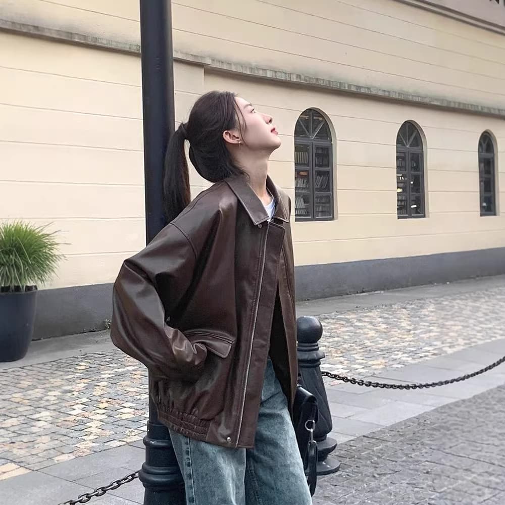 Vintage Brown Leather Jacket Women Short 2025 Fall Petite Korean Style Loose Fitting Biker Motorcycle Coat