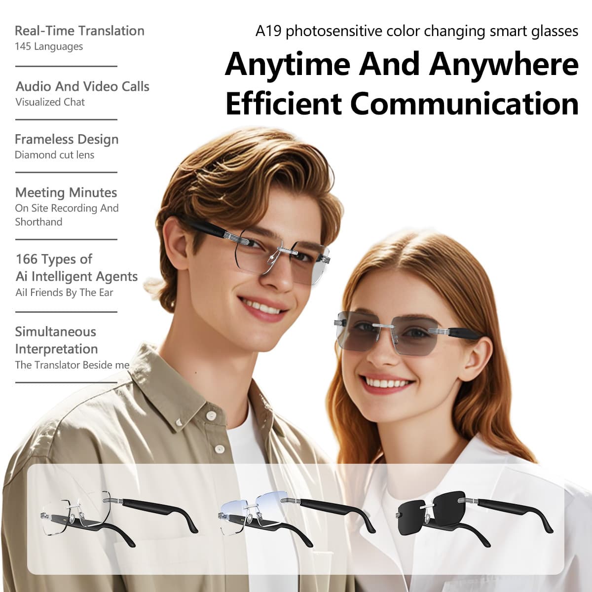 AI Smart Glasses with AI Meeting Recording, Multifunctional Audio Glasses, Bluetooth Wireless for Driving and Phone Calls