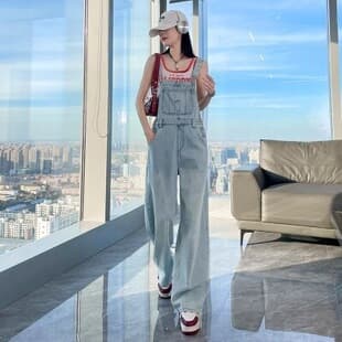 Women's Denim Overalls Korean Style Loose Fit 2026 New Spring Youthful Straight Wide Leg Pants High Waist Denim Women's Clothing