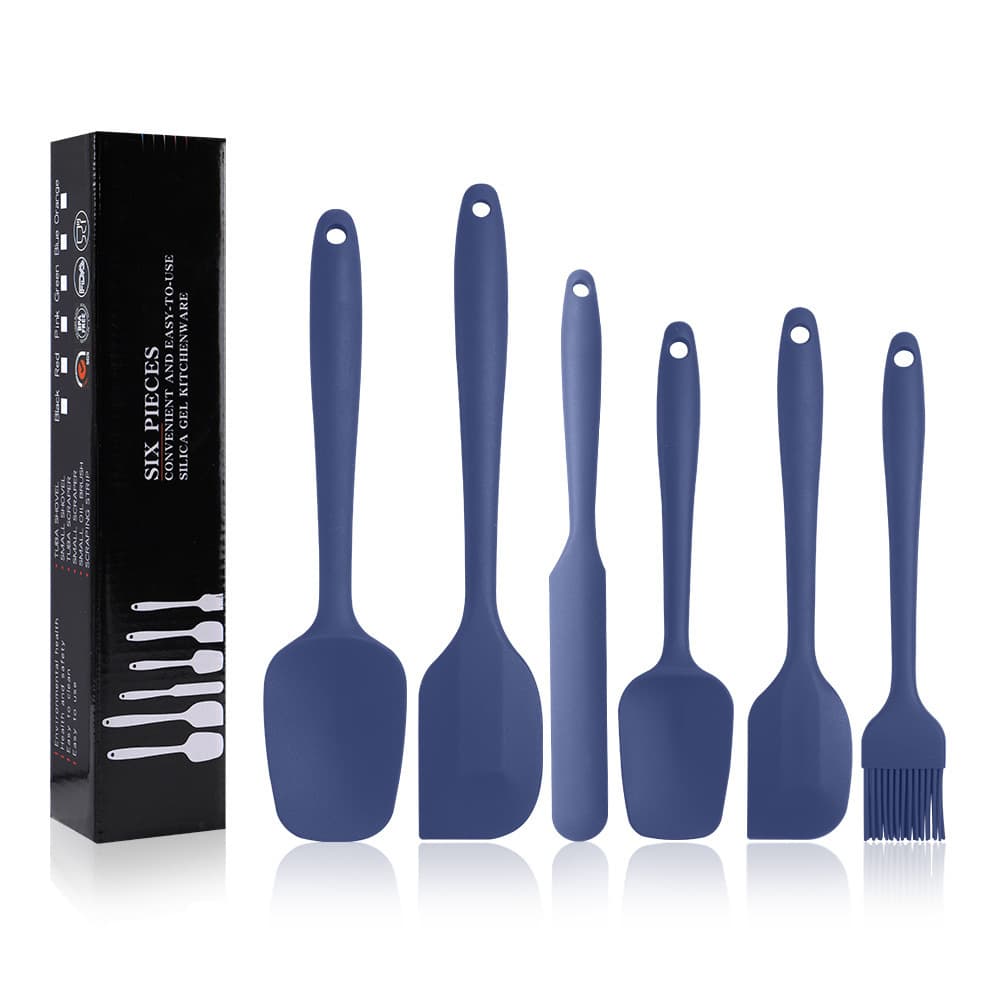 Hot-selling 6-piece silicone kitchen baking tool set with spatula, tongue scraper, integrated cake frosting spreader, and brush