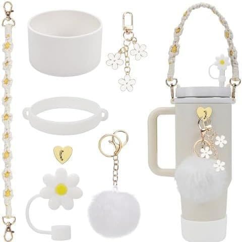 Stanley Cup Accessories: Handle Strap, Silicone Flower Straw Cap, Pom Pom Pendant, Cup Chain, Colorful Cup Sleeve
