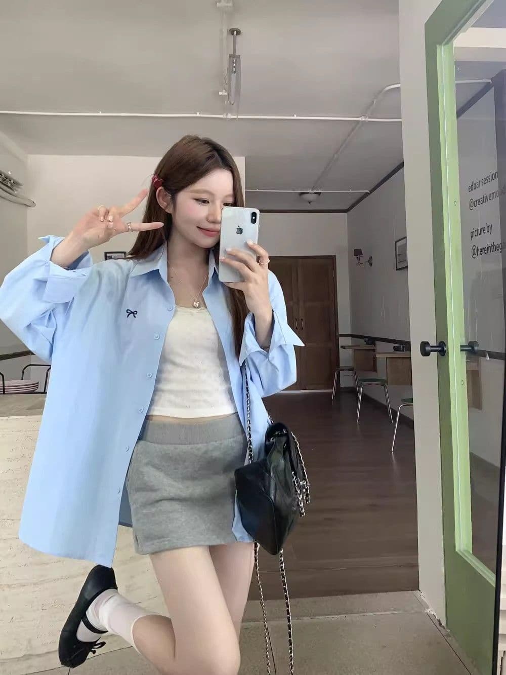 Embroidered Blue Shirt Summer Korean Style Spring Autumn New Loose Fit Versatile Mid-Length Long Sleeve Top Coat