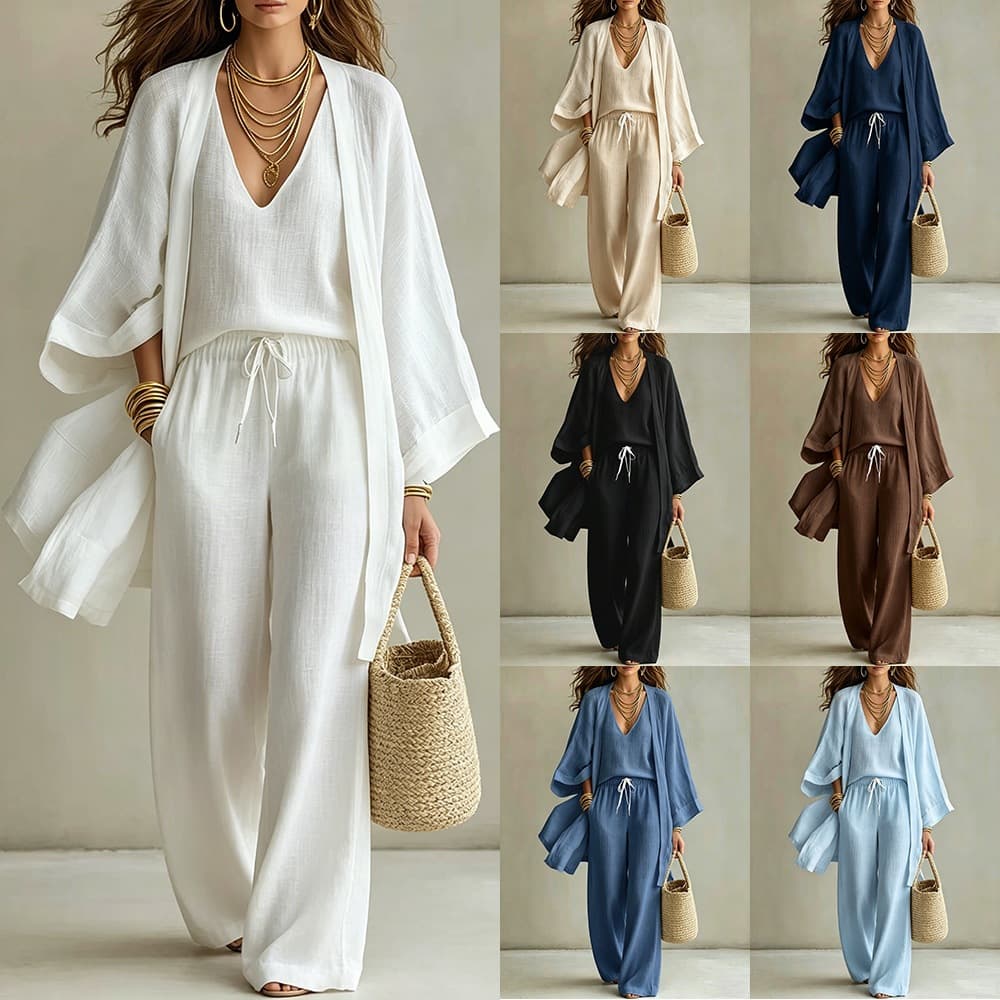 Women's Casual Three-Piece Set: Loose Linen Cotton Mid-Length Cardigan, Nine-Point Sleeve Top, Sleeveless Vest, and Long Pants