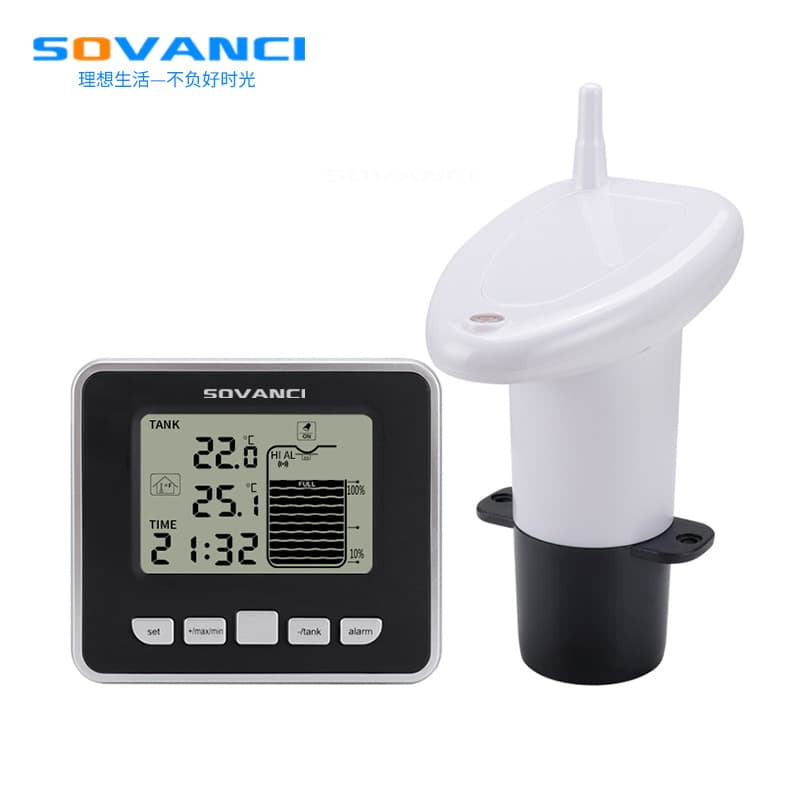 Household ultrasonic electronic water tank level gauge with high and low water level alarm, indoor digital display thermometer, and clock water level gauge.