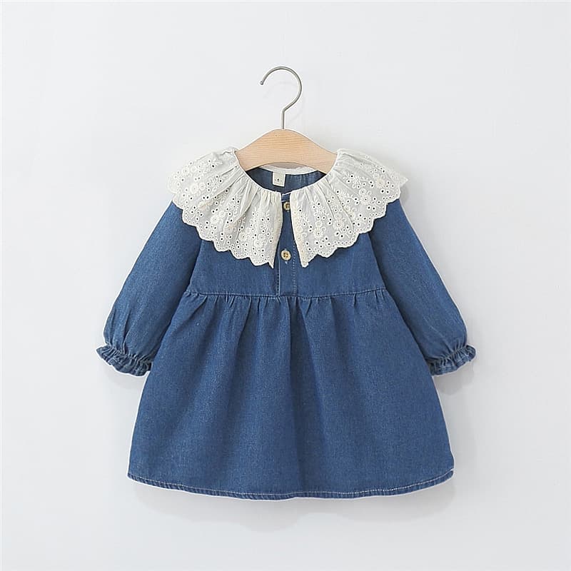 Sweet children's dress, autumn style, lace denim skirt, girls' collared long-sleeved dress, children's clothing for 1-3 years old, foreign trade.