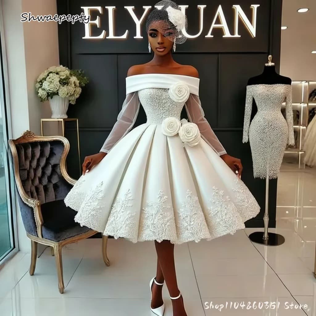 One-shoulder long-sleeved lace three-dimensional flower wedding dress puffy skirt light wedding dress dinner dress foreign trade supply