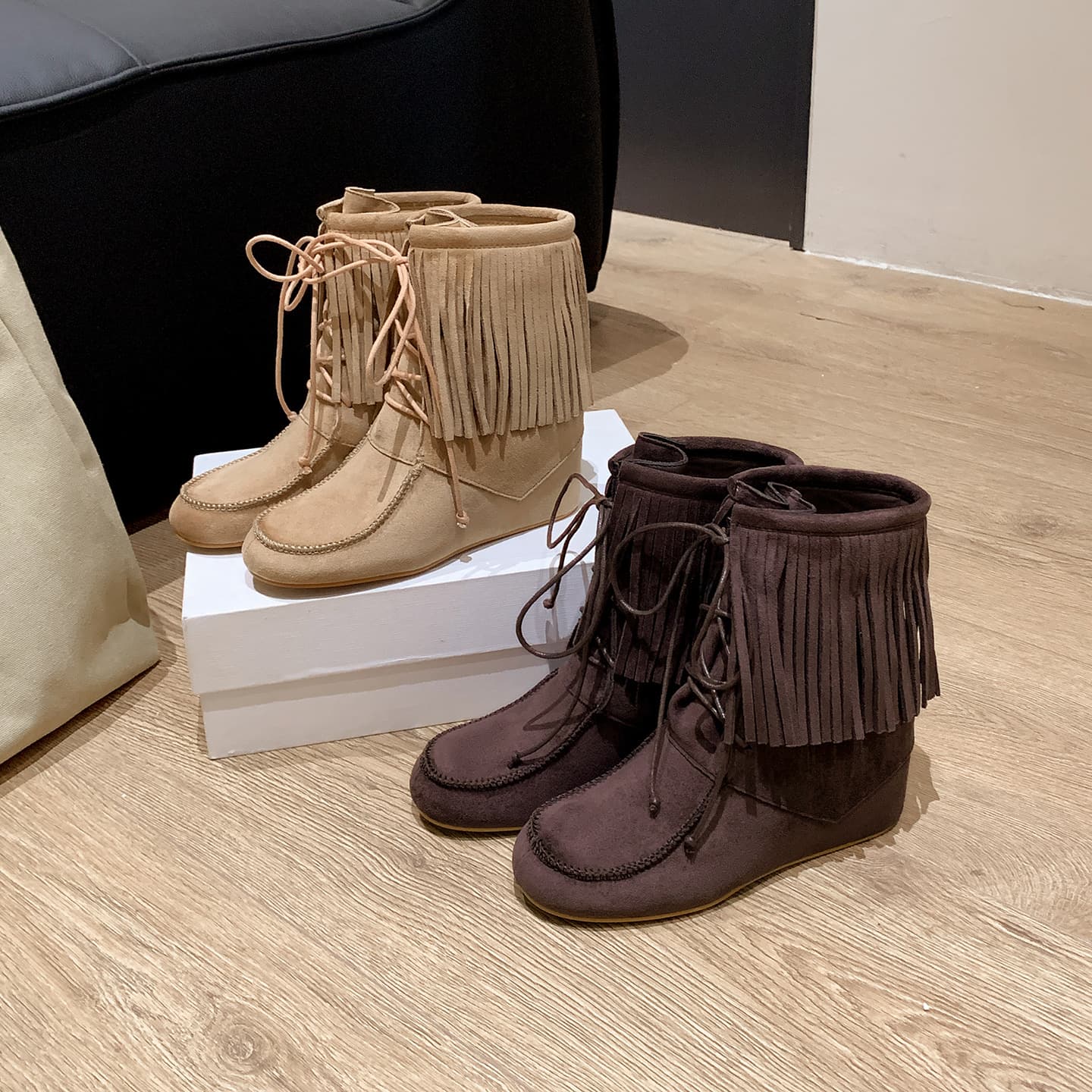 Cowhide version ~ niche retro tassel inner heighten western cowboy boots French style round toe versatile lace-up short boots