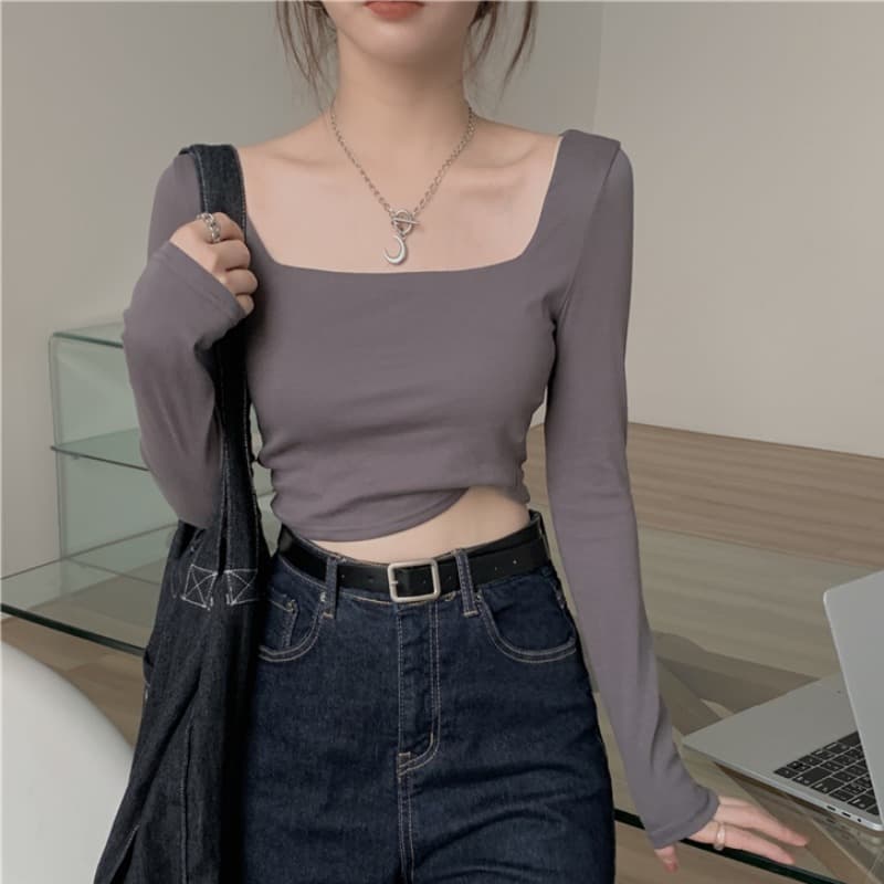 Early Autumn Spicy Girl Square-Neck Short Top Women's Autumn Clothing 2025 New Slim-Fit Inner Layer Base Shirt Long-Sleeve T-Shirt for Women