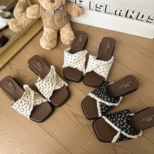 French Square Toe Wedge Slides for Women Summer, Fashion Polka Dot Lace Edge Bow Fairy Style Slide Sandals to Pair with Dresses