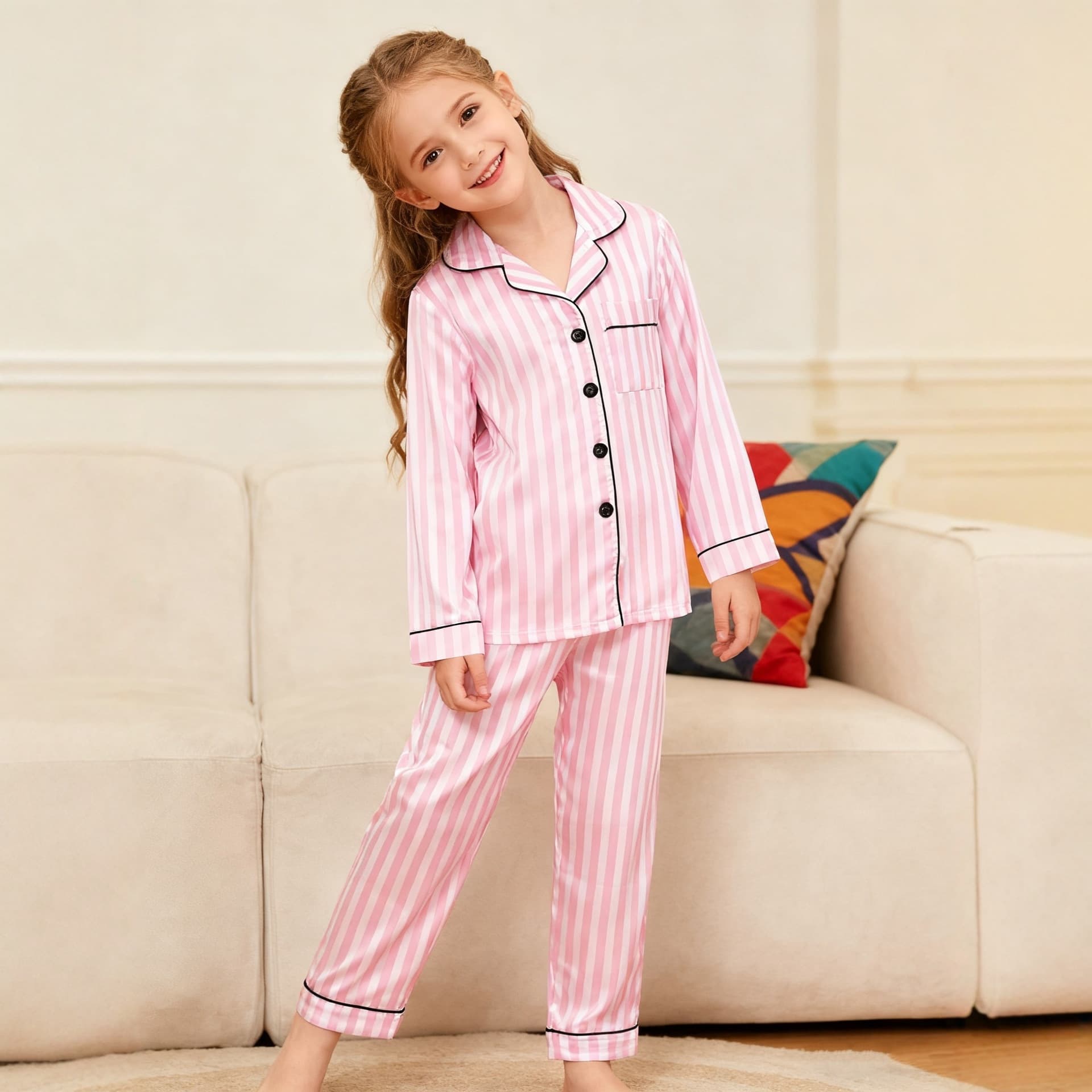 New Children's Pajama Set Autumn Winter Pink Striped Girls Long Sleeve Long Pants Loungewear Baby Two-Piece Set Kids Clothing