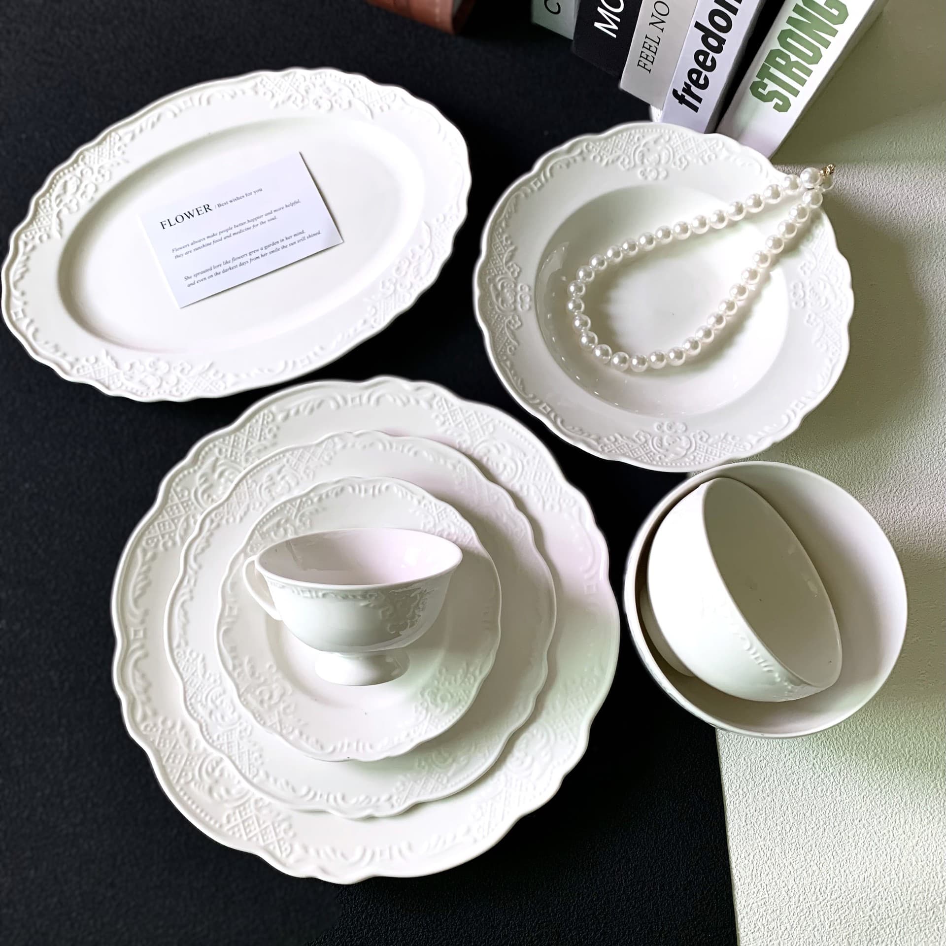 French White Embossed Lace Ceramic Plate Dinner Plate Coffee Cup Saucer Deep Plate Pasta Plate Dessert Plate Dinner Plate