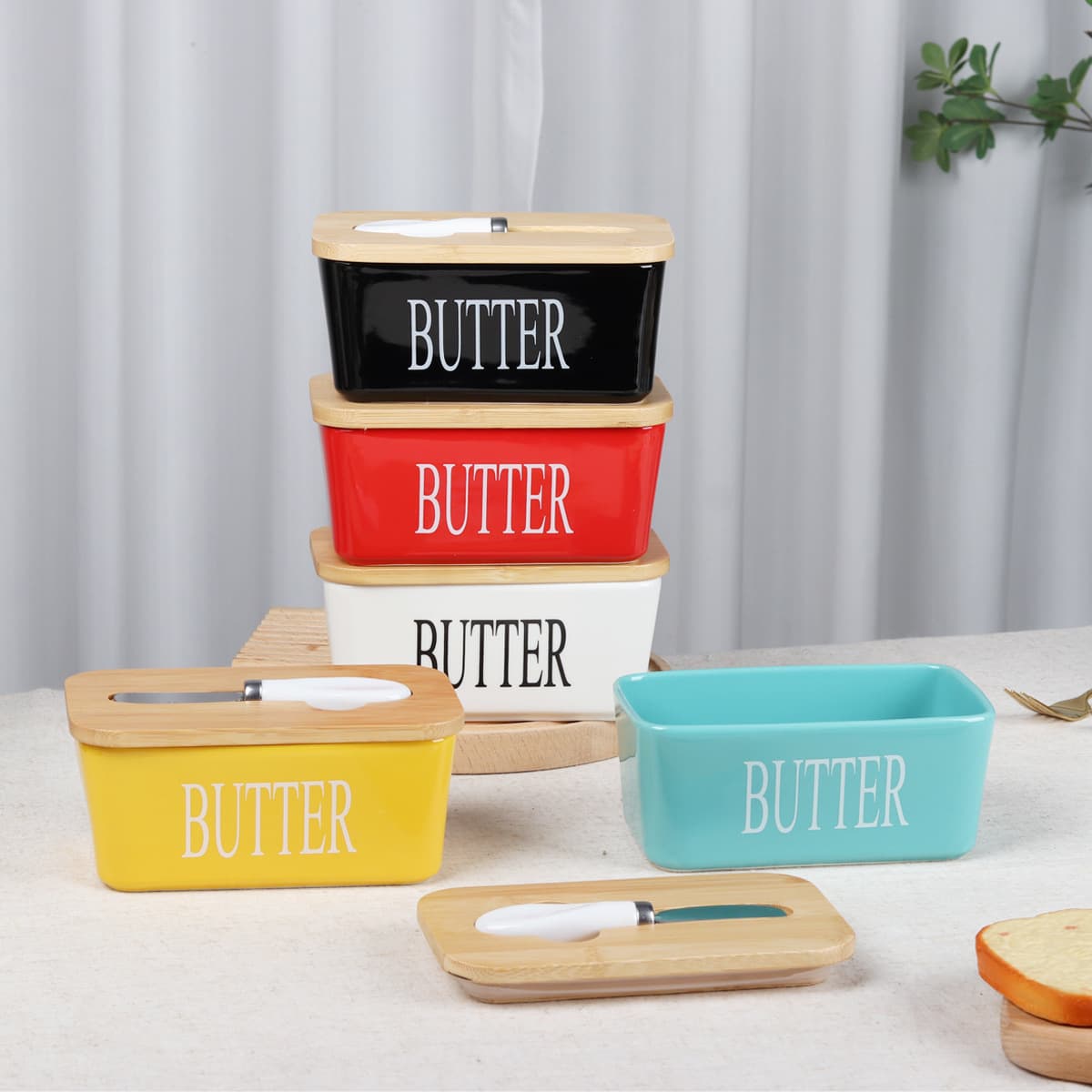 Rectangular Ceramic Butter Dish with Lid and Knife, Western Style Home Use Butter Plate, Sealable Storage Container, Kitchen Tool