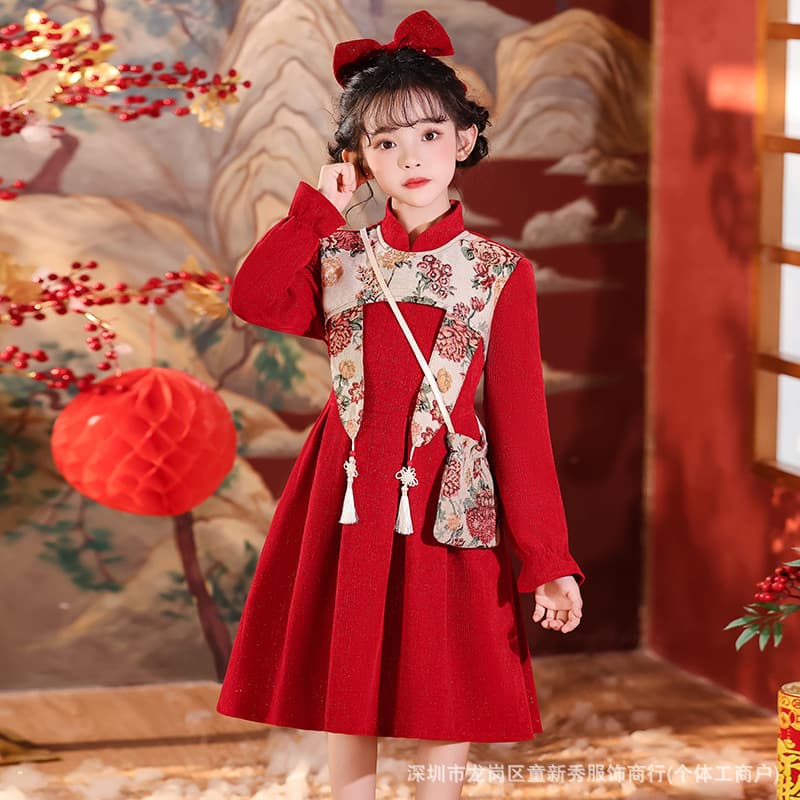 Girls Autumn Winter Dress New Chinese Style Stand Collar Princess Dress Little Girl Fashionable New Year Red Velvet Skirt