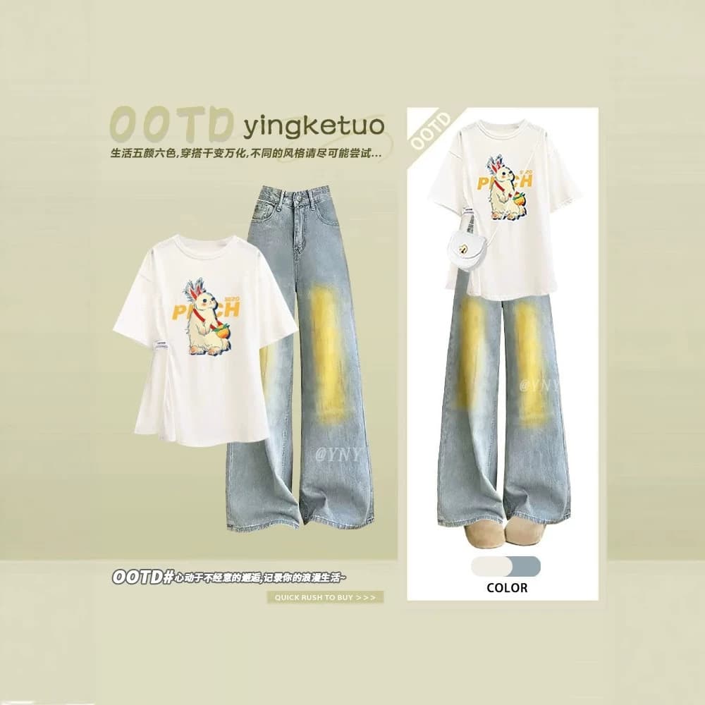 2026 summer age-reducing cartoon printed T-shirt wide-leg jeans for women college style small casual casual street suit