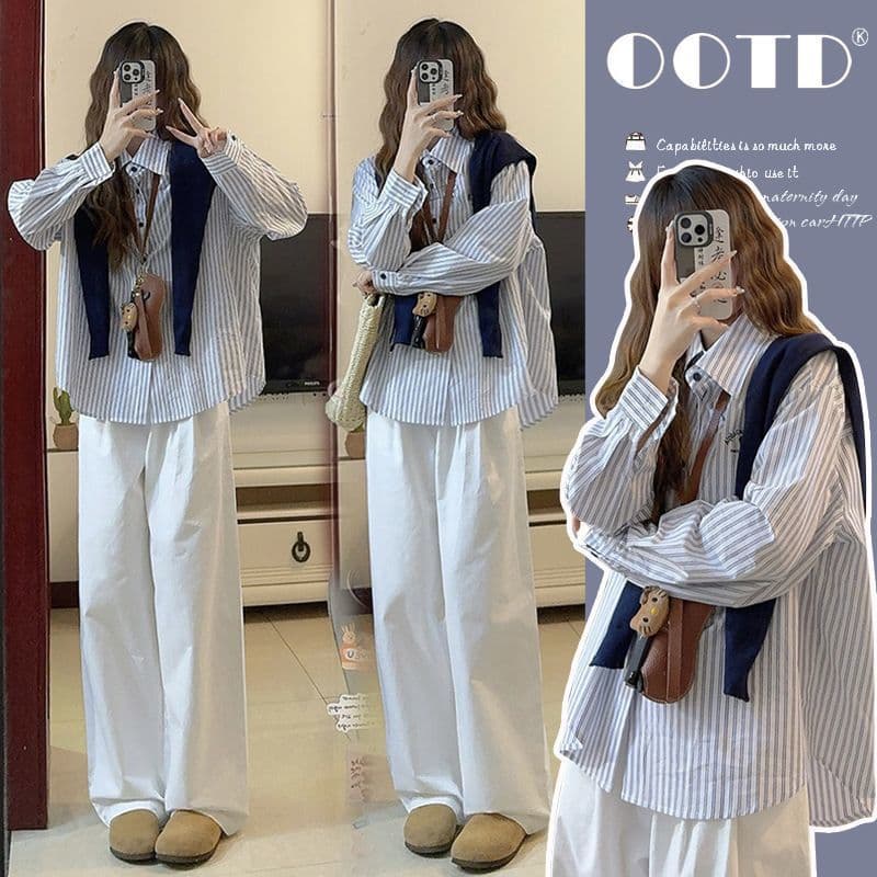 Maternity Spring Outfit Trendy Mom Pregnancy Wear Early Spring Striped Shirt Top Two-Piece Set Wide-Leg Pants Spring Season