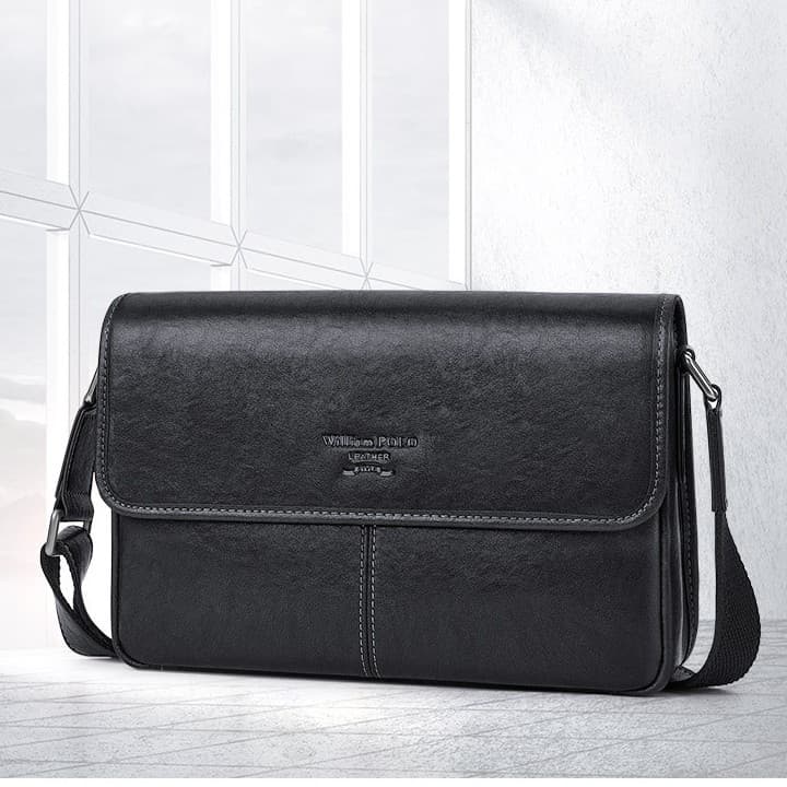 WILLIAMPOLO Men's Single Shoulder Crossbody Bag Cowhide Horizontal Flap Business Messenger Bag Casual Commuter Bag