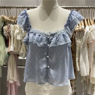 2026 Summer New Style Single Button Loose Versatile Top French Square Neck Ruffle Flutter Sleeve Chiffon Blouse for Women