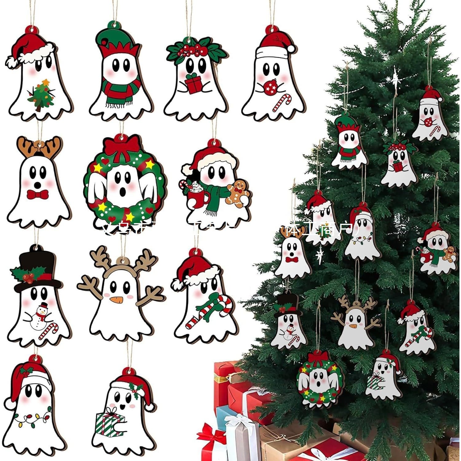 Christmas ghost ornament hanging wooden Christmas tree decoration Santa hat Gothic skull wooden hanging