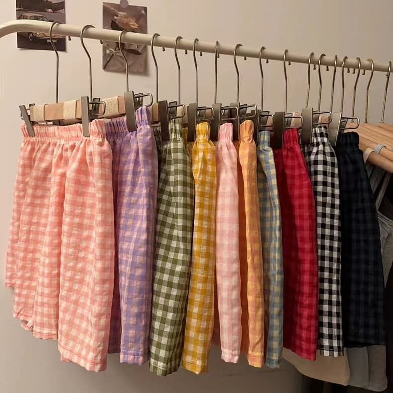 Women's Summer Thin Plaid Pajama Pants Lazy Straight Loose Wide Leg Home Shorts
