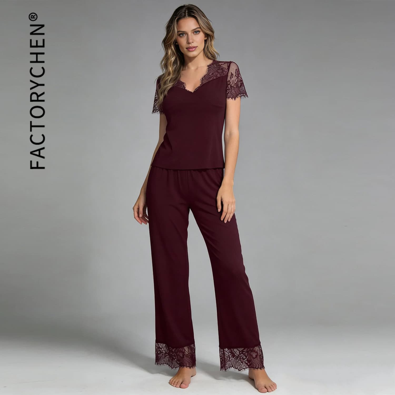 Cross-Border Solid Color Modal Women's Pajama Set Summer V-Neck Lace Short-Sleeve Loose Long Pants Loungewear Two-Piece Set