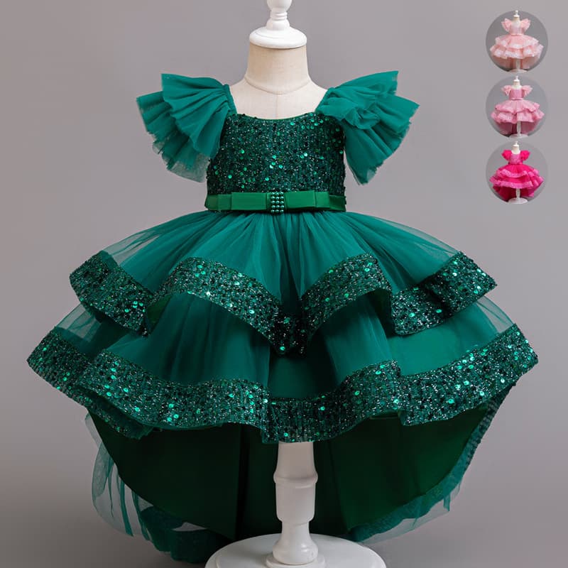 Kids' Princess Gown with Sequins, Multi-Layer Fluffy Skirt, Baby Birthday Host Performance First Birthday Dress