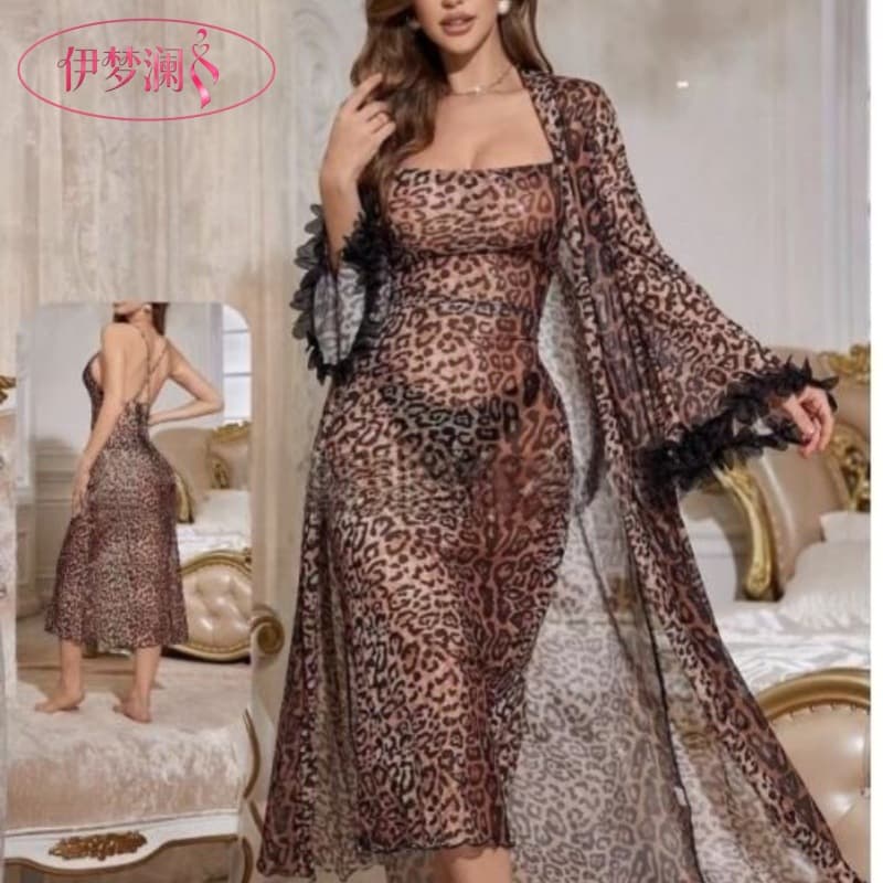 Yimenglan Cross-border New Sexy Sleep Robe Long Sleeve Leopard Print Long Robe Sexy Home Outer Robe Set Wholesale