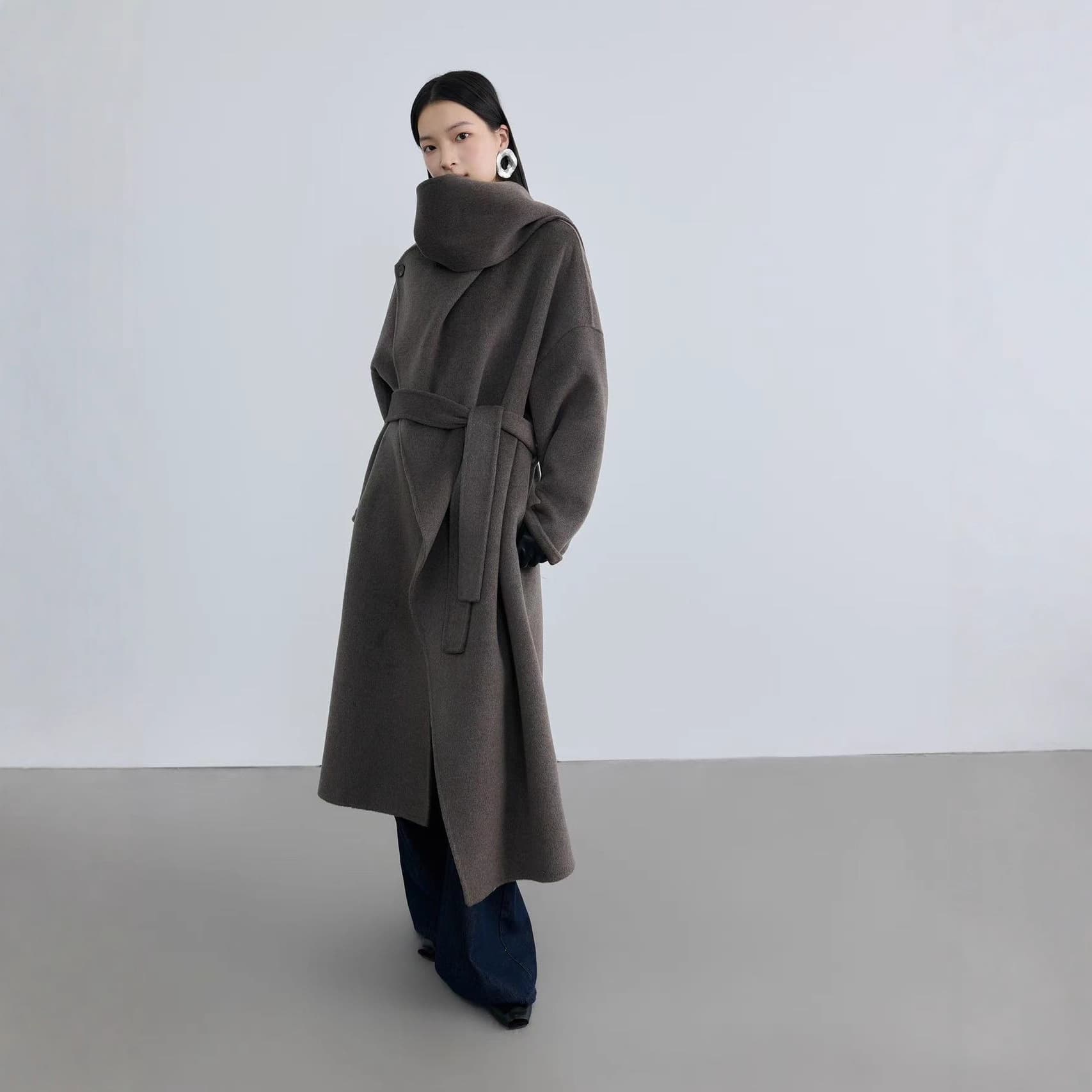 New Winter Cashmere Coat Camel Hair Wool Long Design with Tie Scarf Collar Double-Faced Wool Coat