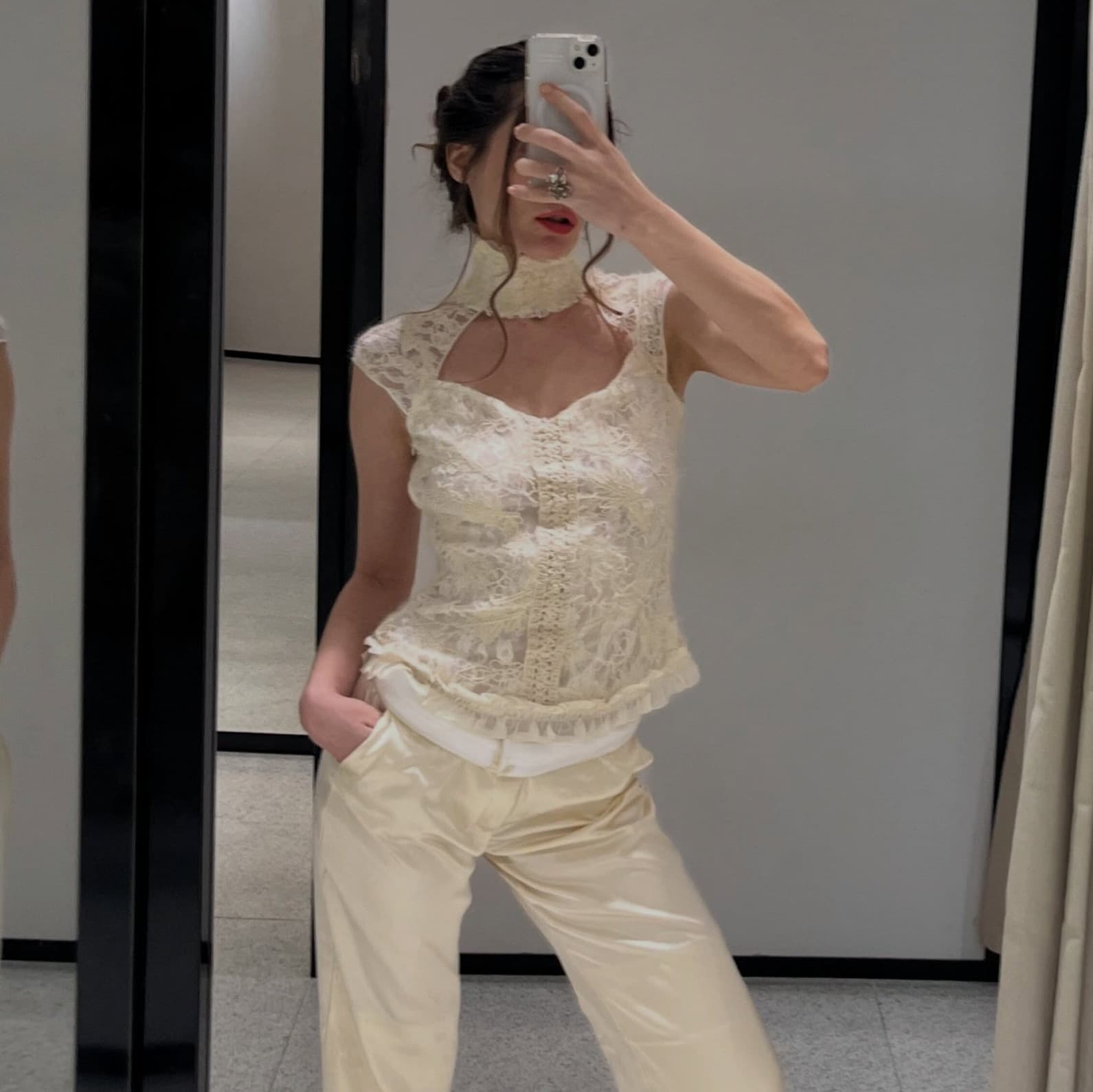 European and American Trendy Women's Lace Vest High Neck Hollow Backless Sleeveless Pure Desire Ruffled High Neck Vest
