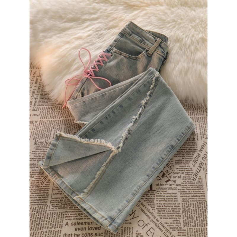 IE7 Medium to Large Children's Tie-waist Flared Jeans High-street Ins Trendy Spring and Autumn New Split Frayed Hem Girls' Versatile Pants