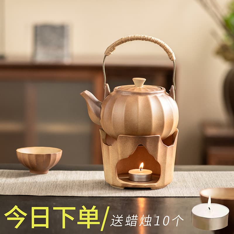 Crude Pottery Boiling Teapot Encircled Stove Boiling Teapot with Fire Candle and Candle Simple Warm Tea Set Outdoor Teapot