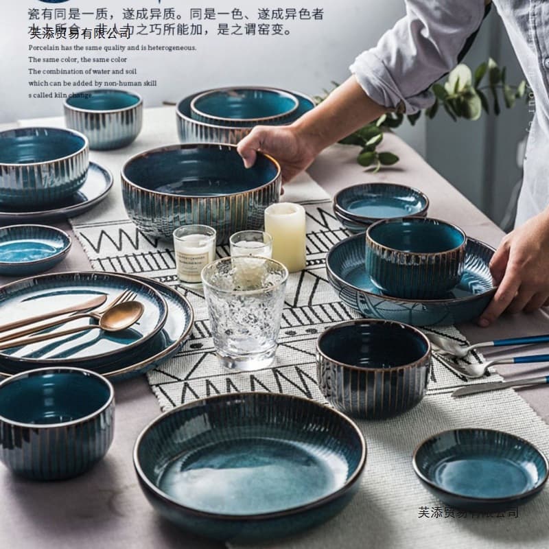 Collection of solid color retro ceramic bowls for home thick large vegetable bowls deep plate floating noodles Japanese kiln soup bowl defects