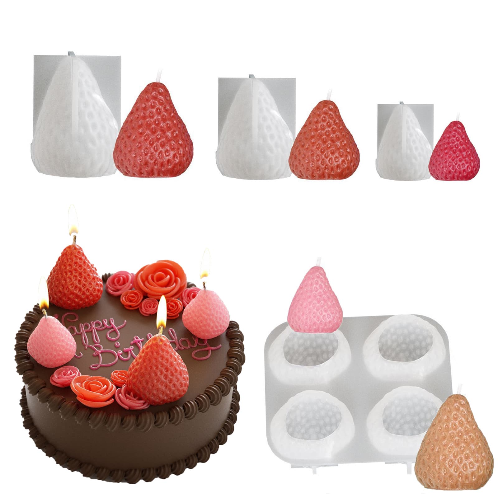 Single Strawberry Silicone Mold, Resin DIY 4-Connected Berry Decoration Chocolate Cake Mold Resin Mold