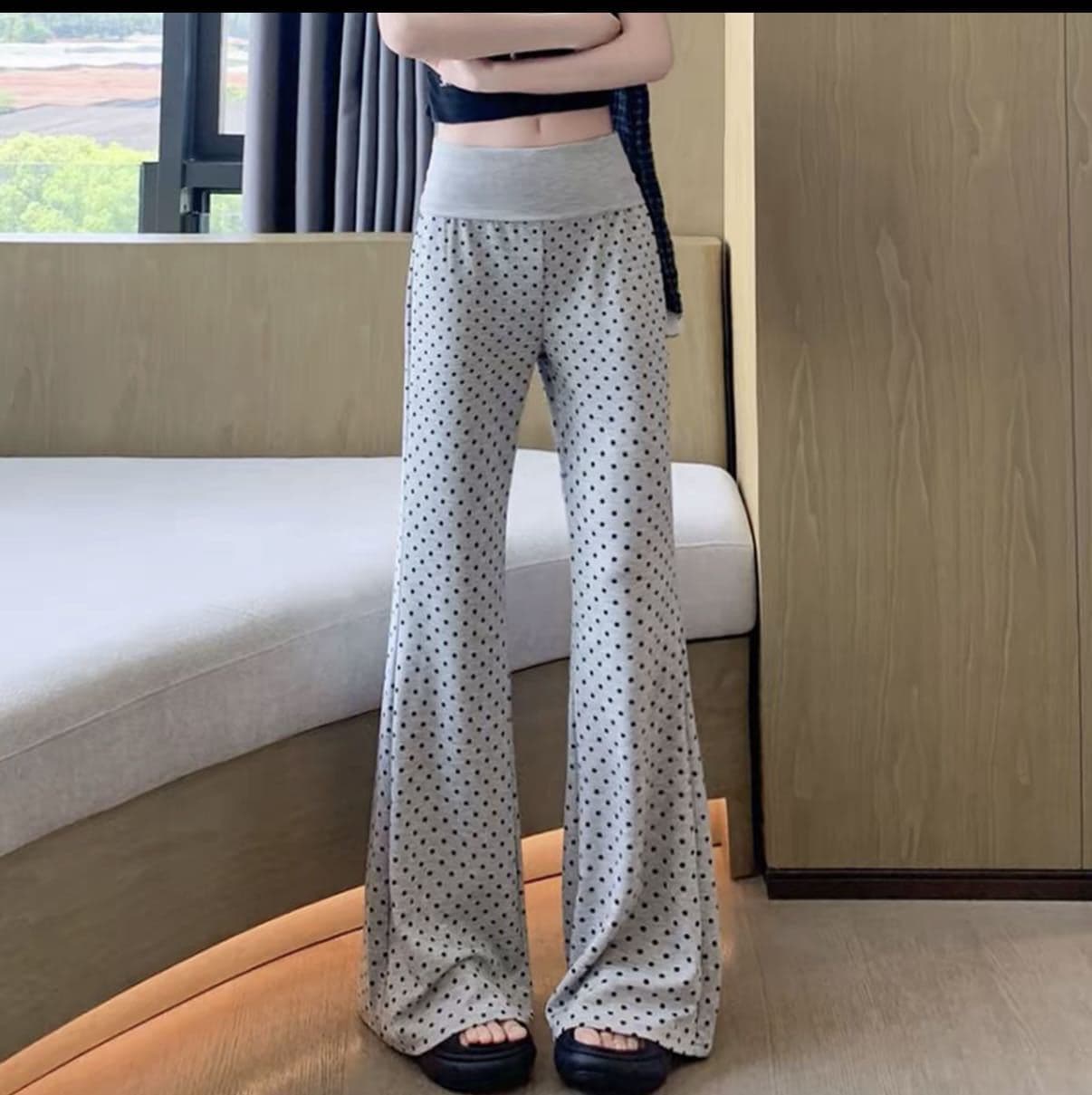 Polka Dot Micro Flare Pants for Women Korean Style Slim Fit High Waist Floor-Length Black Pocket Wide Leg Pants Petite Casual Pants