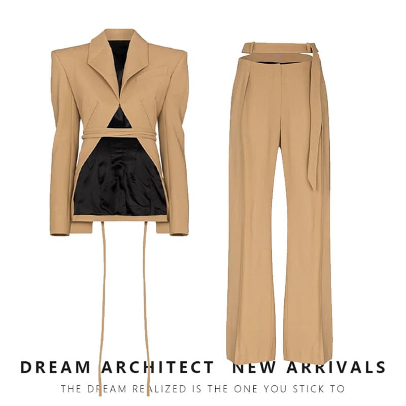 Niche Design Deconstructed Fishbone Set Women 2023 Tie Strap Wide Shoulder Blazer Hollow Straight Leg Pants Two-Piece Set