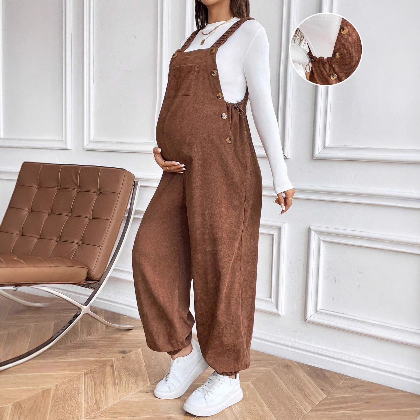 2025 Fall/Winter Maternity Wear, European and American Export Maternity Pants, Adjustable Waist, Fashionable Loose Corduroy Overalls