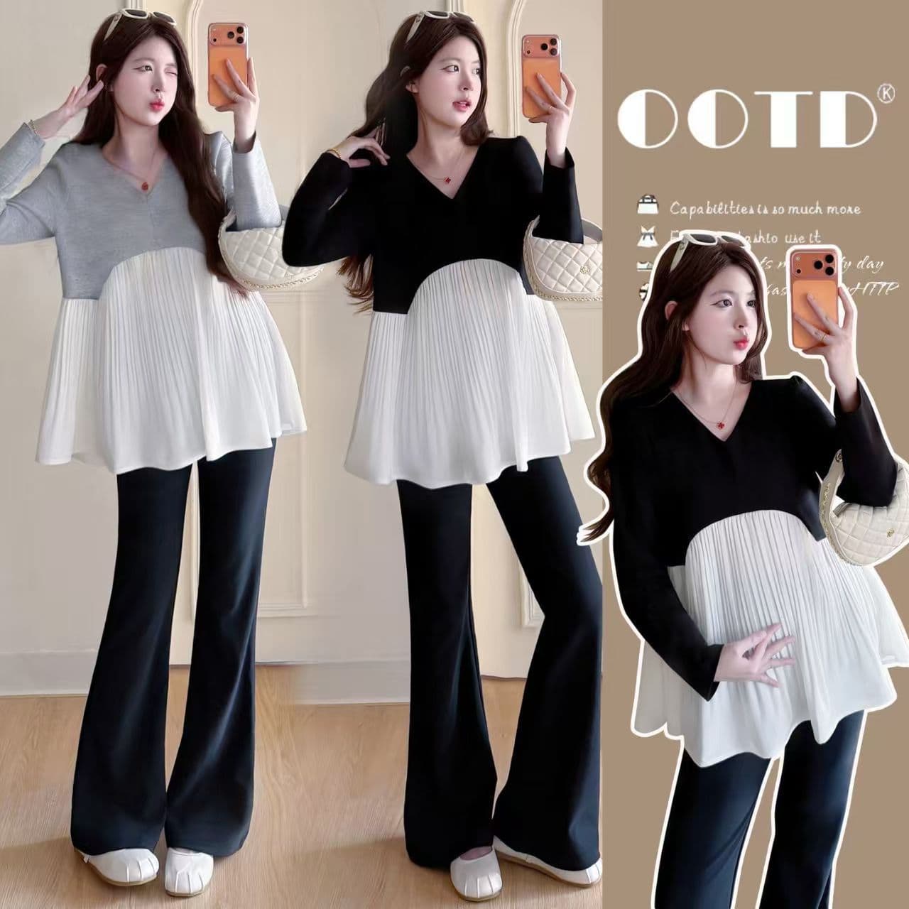 Pregnant women's new spring clothing fashionable Hepburn style French design pleated babydoll top belly support pants pregnant women long sleeves