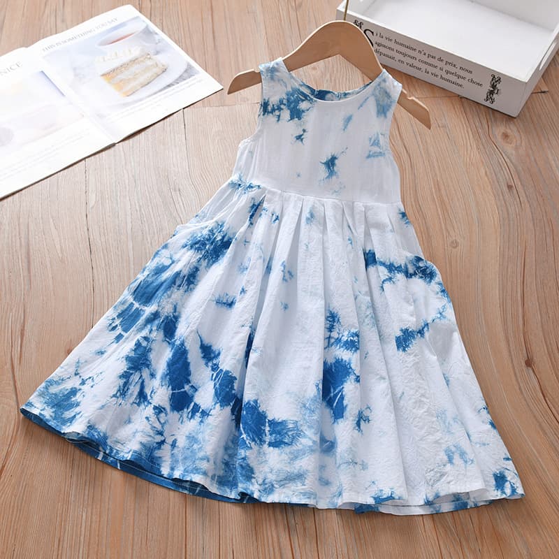 Girls' Sleeveless Dress, New Summer Style for Older Children, Cotton with Side Pockets, DIY Tie-Dye White Tank Dress
