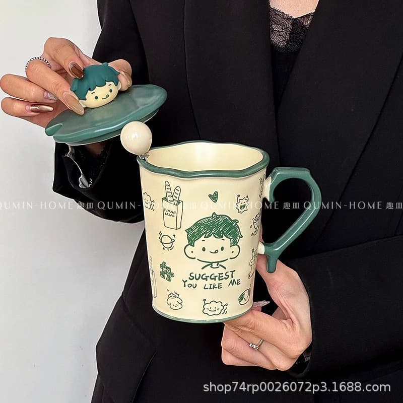 Ins Cute Ceramic Mug with Lid and Spoon Cartoon Coffee Cup Couple Water Cup Gift for Men and Women