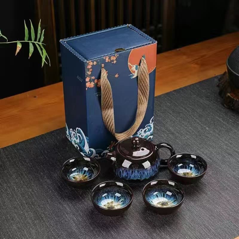 Kiln-Change Ceramic Tea Set Small Gift, Company Event Opening Souvenir, Teapot Teacup National Trend Box Set