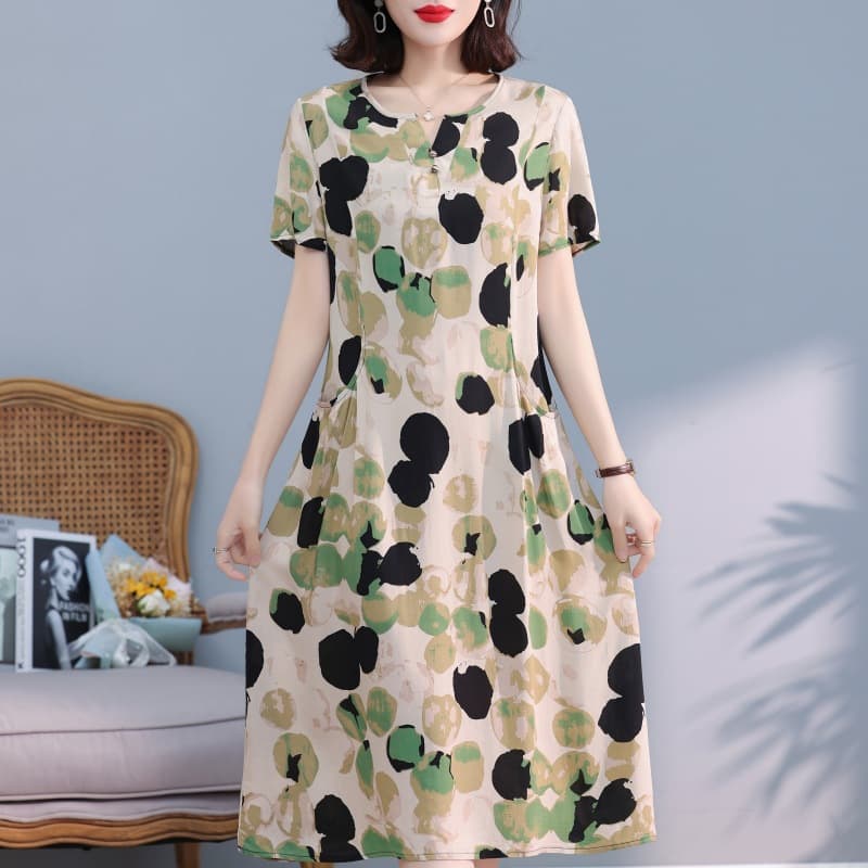 Stylish and Youthful Short-Sleeve Dress for Middle-Aged Women, Summer New Arrival Cotton-Blend Dress for Mature Ladies