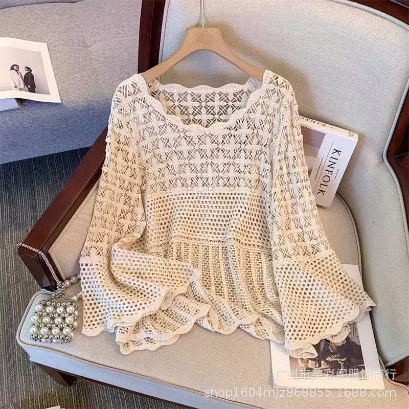 Mori Style Fashion Stylish Lazy Style Hollow Knitted Sweater Thin Outer Blouse Summer Loose Slim Look Elegant Top