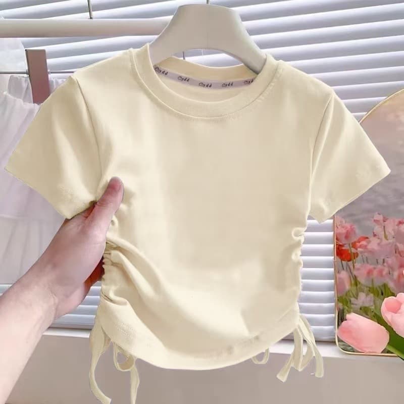 Girls Summer Dopamine Short Sleeve T-Shirt Slim Fit American Style Straight Shoulder Waist-Cinching Cropped Top for Older Kids Fashion Base Layer