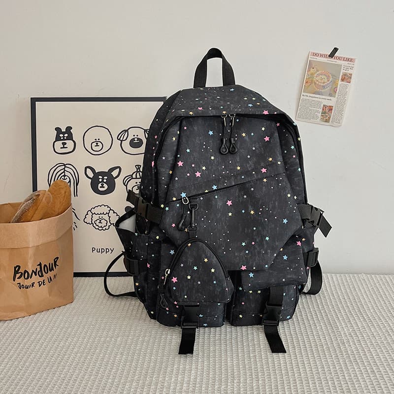 Forest Style Star Fresh Print Middle School Backpack, Korean Large Capacity College Student Backpack, High School Student Backpack