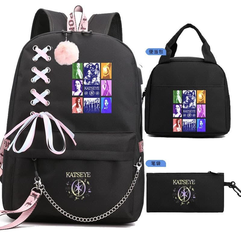Foreign trade Korean version of the trendy Katseye backpack, lightweight, large-capacity, casual schoolbag for primary and secondary school students, three-piece set