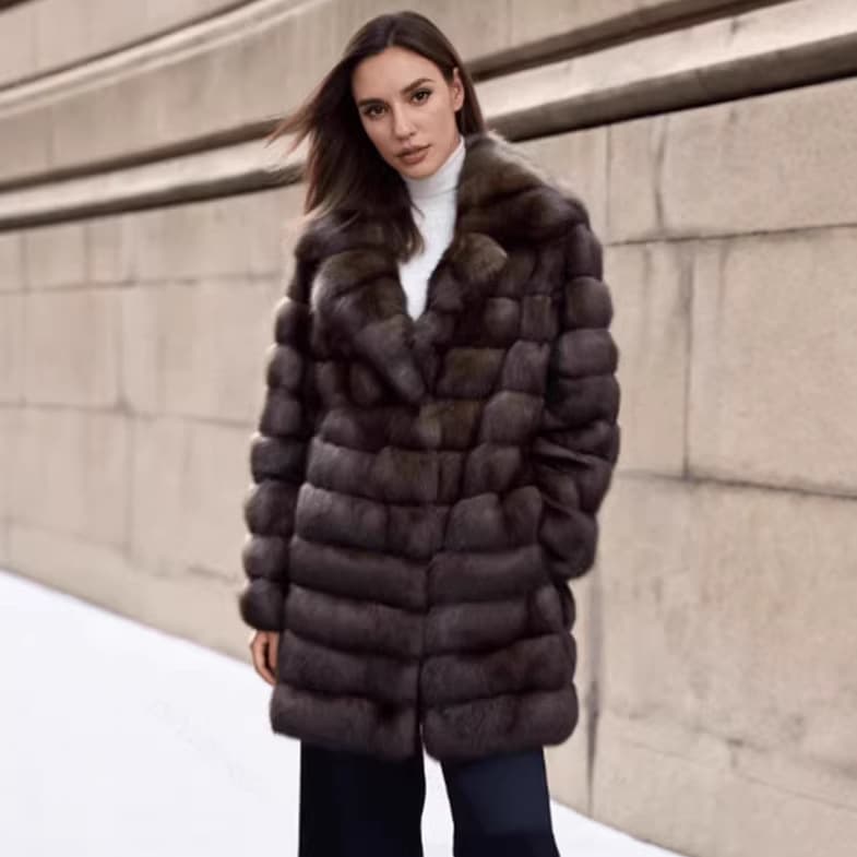 Sable striped women's coat suit collar mid-length imitation fur coat autumn and winter casual warm windbreaker